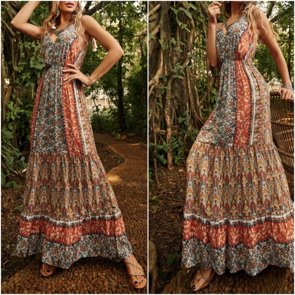 Boho Gypsy Floral Print Tassel Tie Open Back Maxi Dress - Picture 4 of 4